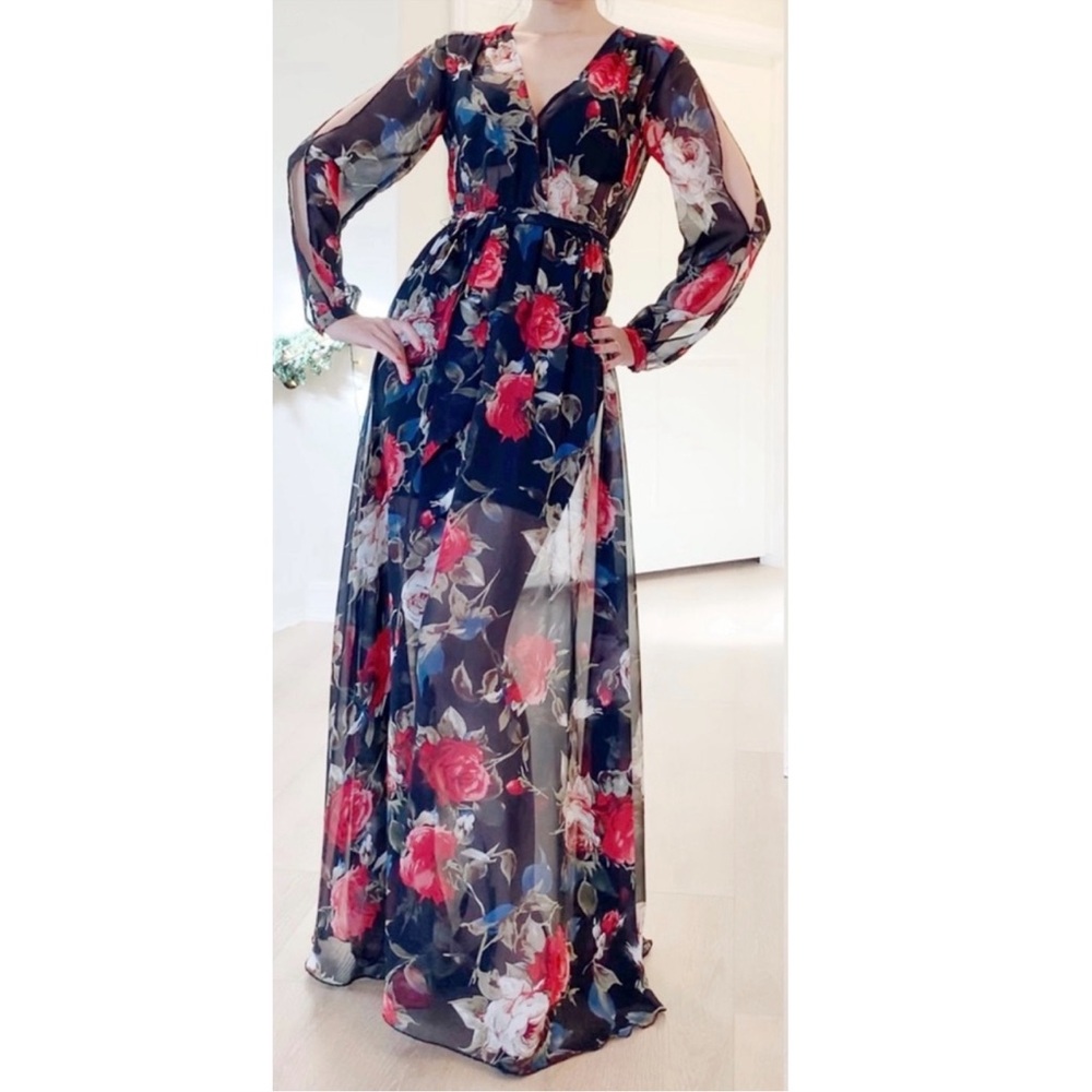 Aakaa Black Floral Surplice V-Neck Tie Waist Maxi Dress